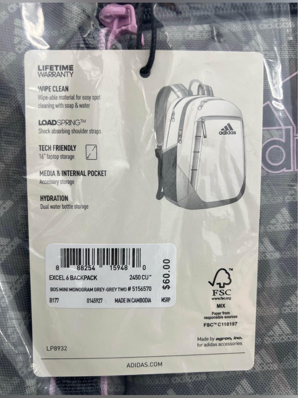 ADIDAS Excel 6 Backpack- Brand New Color Grey - Picture 3 of 3